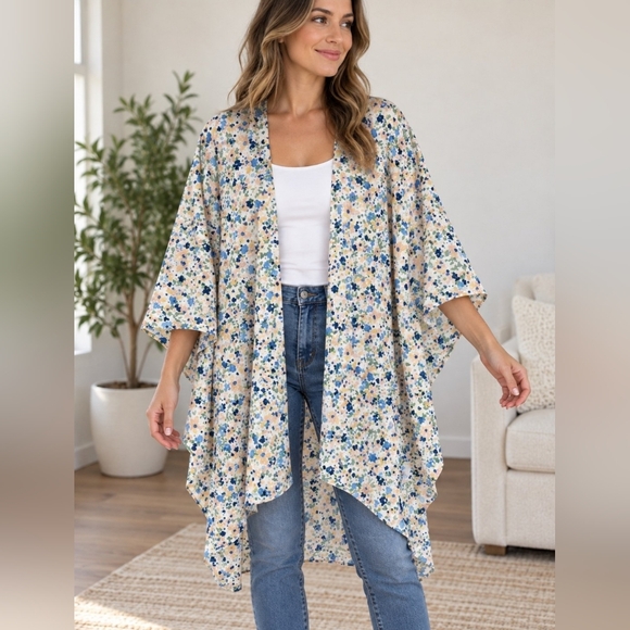 Time and Tru Sweaters - Blue Floral Open-Front Kimono Cover-Up